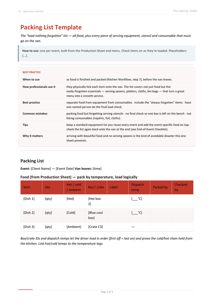 Preview of the Catering Toolkit Packing List Template
